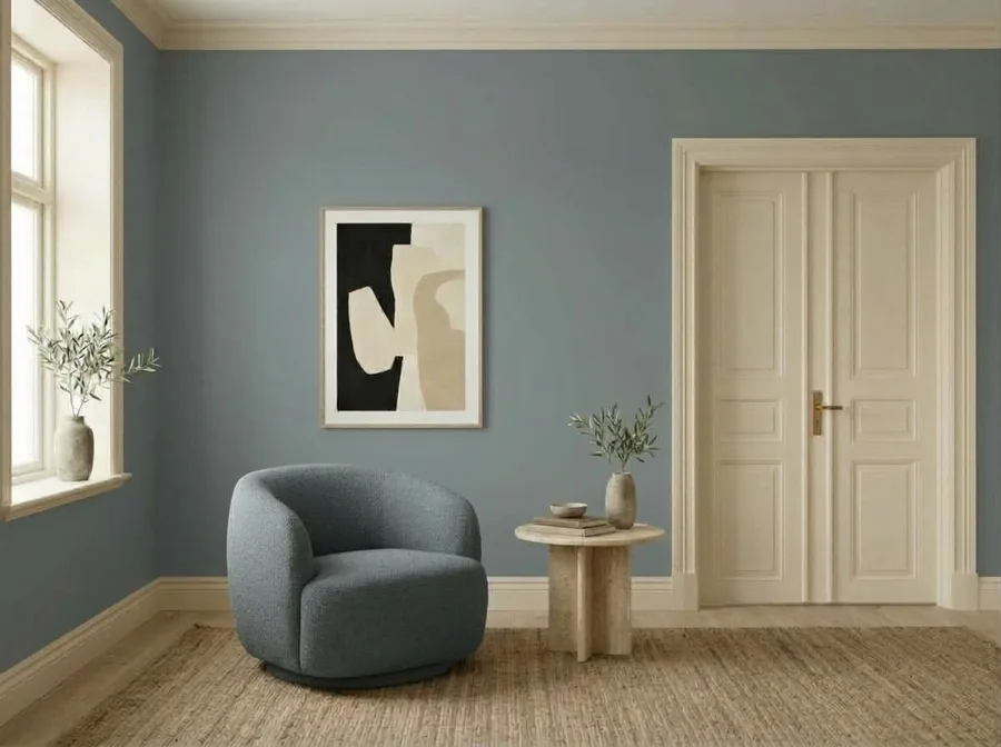 Visualisering av ett rum i färgsättningen Dimblå
